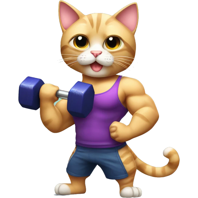 bodybuilder cat with a dumbell doing biceps emoji