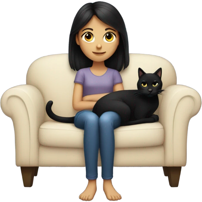 dark haired girl sitting on couch with a black cat in her lap emoji