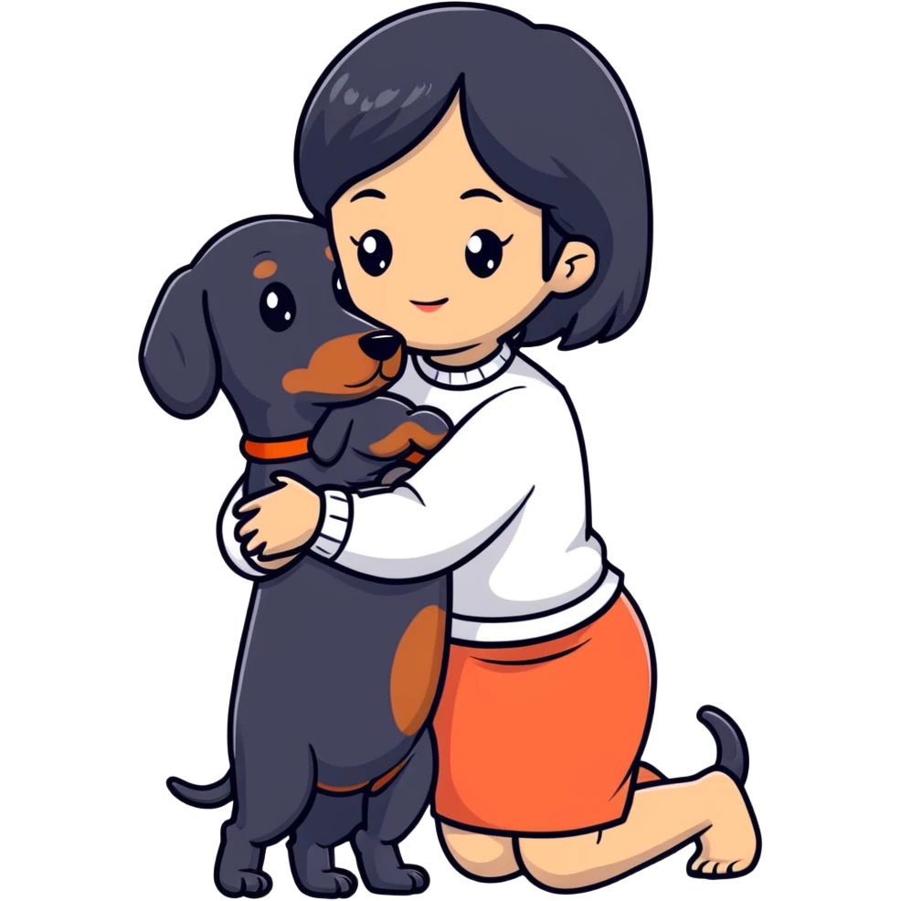 black hair asian girl hugging black dachshund emoji