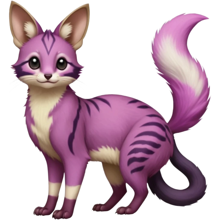 Magenta, purple-pointed, soft realistic romantic vintage antique divine beautiful elegant pretty precious cute young youthful  Fakémon-Pokémon-opossum-feline-mouse-serval-caracal-chinchilla-Minccino-Cinccino-Meowstic-rodent-hybrid-creature with a big fluffy bushy tail (full body) emoji