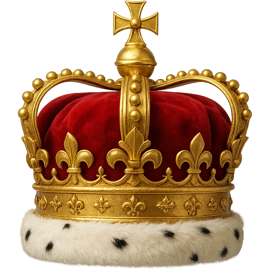 classic gold crown with red velvet and white fur trim, regal style emoji