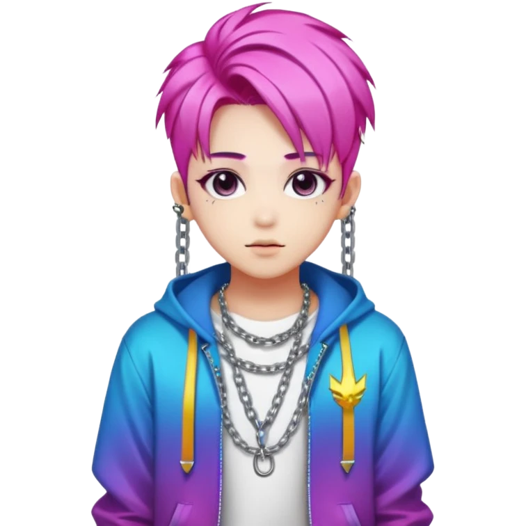 portrait-of-young-ghost-idol-in-kpop-style,-wearing-flashy-streetwear-outfit,-colorful-dyed-hair,-confident-pose,-accessorized-with-chains- emoji