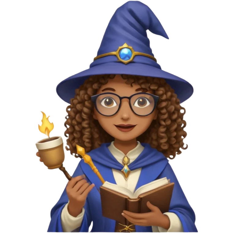 A Joyful Adult Female with Brown skin and Curly hair, wearing a Traditional outfit, a Wizard hat, Sunglasses, carrying a Spellbook, working as a farmer, while drinking Coffee and reading a Textbook. emoji