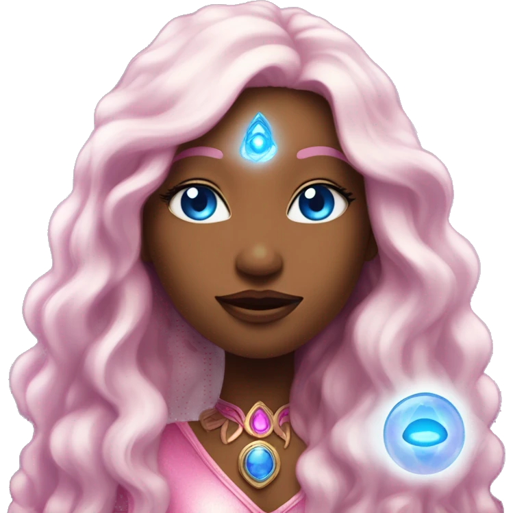 magical diva with pink andromedan skin long hair and blue eyes glowing third eye emoji
