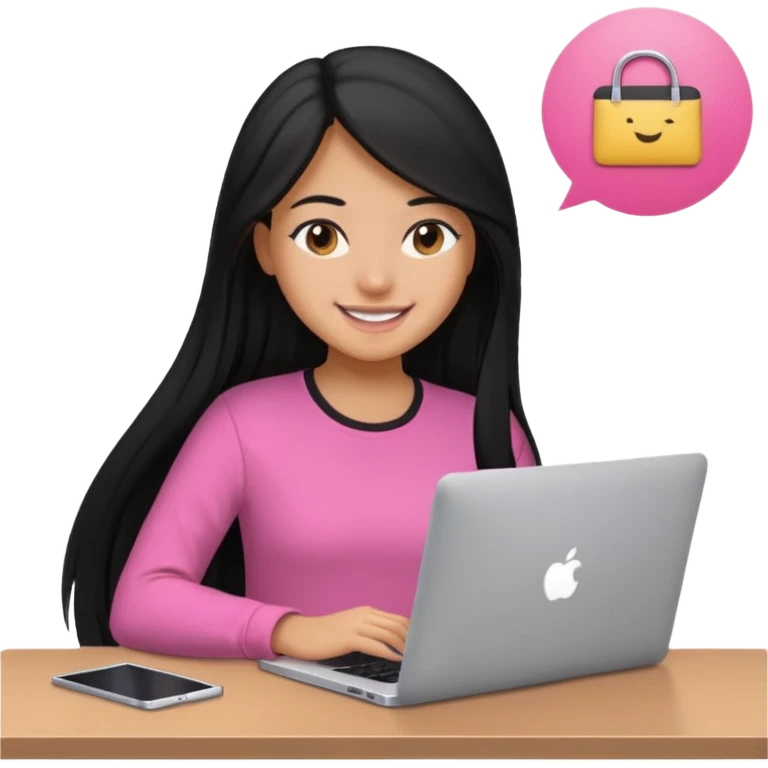 girl with black long hair working in a macbook, pink shirt, smily emoji