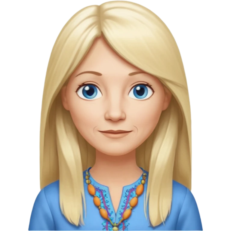 50 yr old white woman, hippie part bangs, very long straight blond hair, oval face, small smile, blue eyes, thin face, hair downback, hair parted at center of head, round cheeks, pale, longer hair, dress shirt emoji