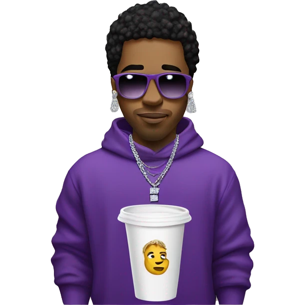 rapper with diamond chain, monogram sweater, white stirofoam cup with purple liquid emoji