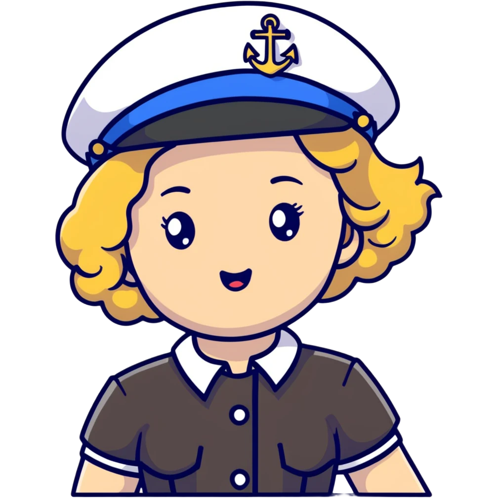 girl with curly dirty blonde hair, cruise captain, confused questioning face emoji