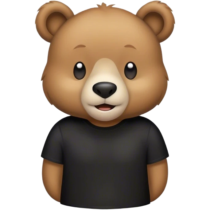 Create a cute emoji-style illustration of a light brown bear wearing a black t-shirt, with a white outline around its mouth. Simple design, vibrant colors, friendly expression, and transparent background emoji