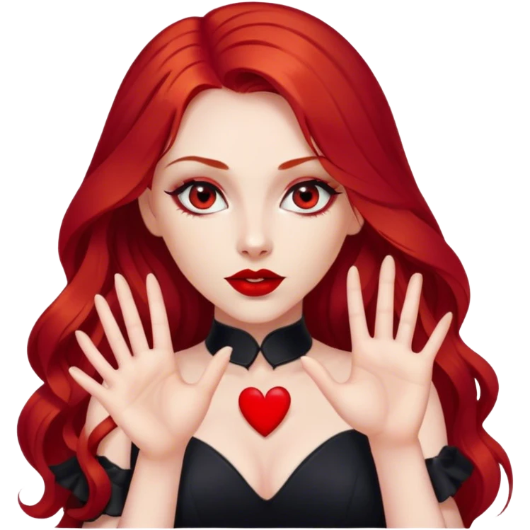 a pretty woman with long red hair and red eyes. The woman wear a black little cutted dress. She have red lipstick and she have a seductive look. She do a heart sign with hand emoji