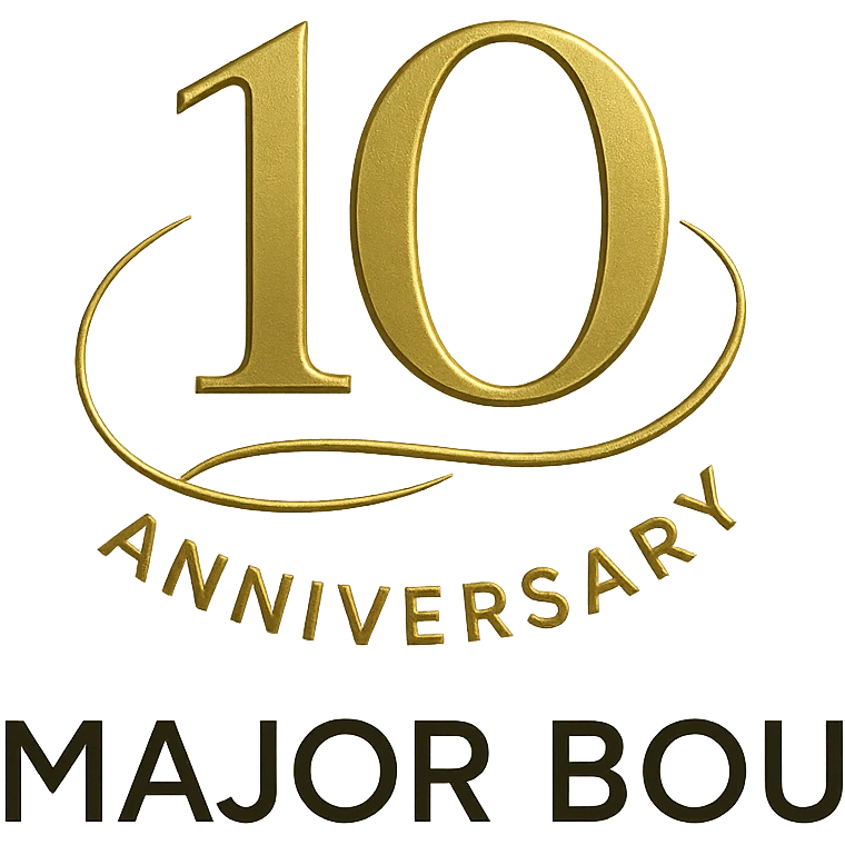 Elegant 10th anniversary logo for Major Bou with gold accents and a modern sans-serif font emoji