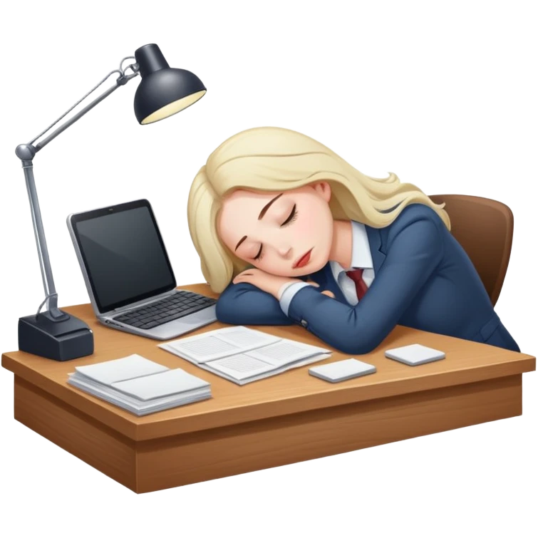 Exhausted office worker woman napping at plain desk, no computer emoji