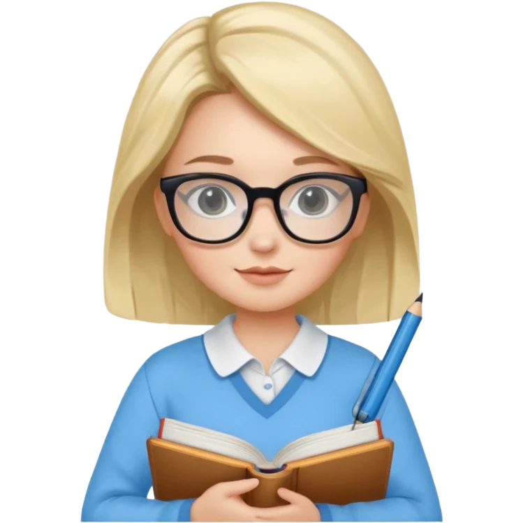 cute girl, glass, smart, Sky-blue colored clothing,
holding a book in one arm and a pen in the other hand.Holding a pen in the right hand as if teaching.Wearing black glasses, with a smart and bright-looking face. emoji