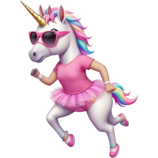 friendly anthropomorphised female unicorn in tutu and pink t-shirt, wearing dark sunglasses, jogging upright in relaxed pose emoji