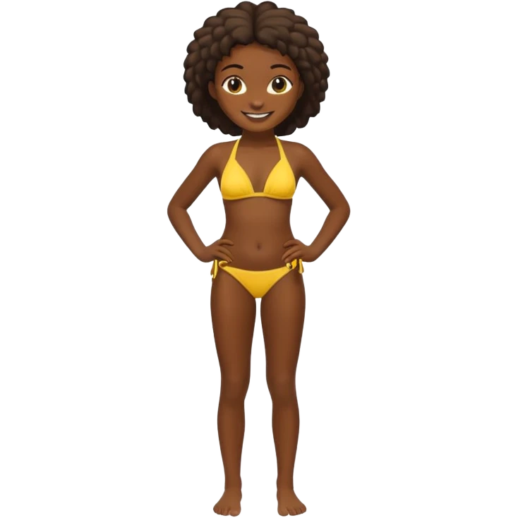Full body, dark skin, african girl, yellow bikini, smiling. emoji