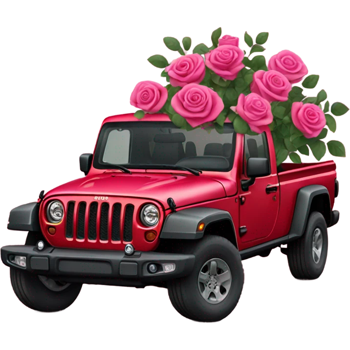 Realistic Red Jeep Gladiator with the truck bed full of pink roses. emoji