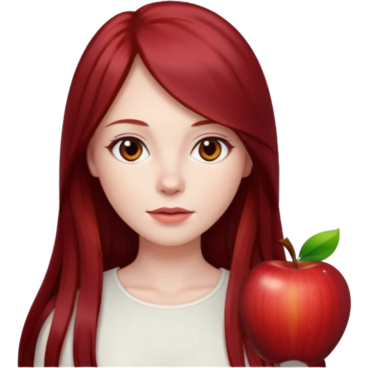 woman, pale skin, long straight dark red hair with layers, brown eyes, white top, apple emoji style emoji