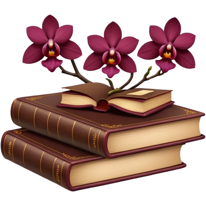 Dark academia 3 brown books with small burgundi orchid emoji