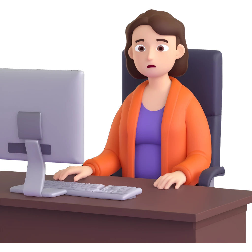 person with a shrug and apathetic face, sitting at a computer in an office emoji