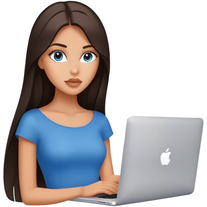 Glamours tanned very beautiful girl with pump natural peach beige lips and dark chocolate straight smooth long hair, blue-grey eyes with MacBook emoji