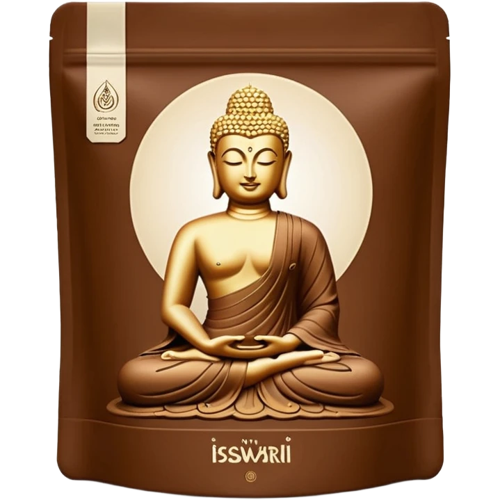 realistic standing pouch, matte brown, Iswari logo, 'Éveil du Bouddha Maxi Protéines', Buddha silhouette, Vegan Gluten-Free Organic icons, full with bulge, minimal, no extra branding, no faces, clean 3D style, soft lighting, transparent background, emoji scale emoji