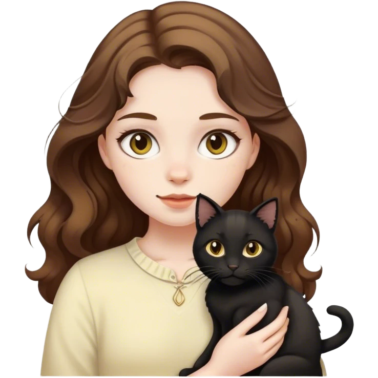 a girl with pale yellow skin and wavy hair and her black cat emoji