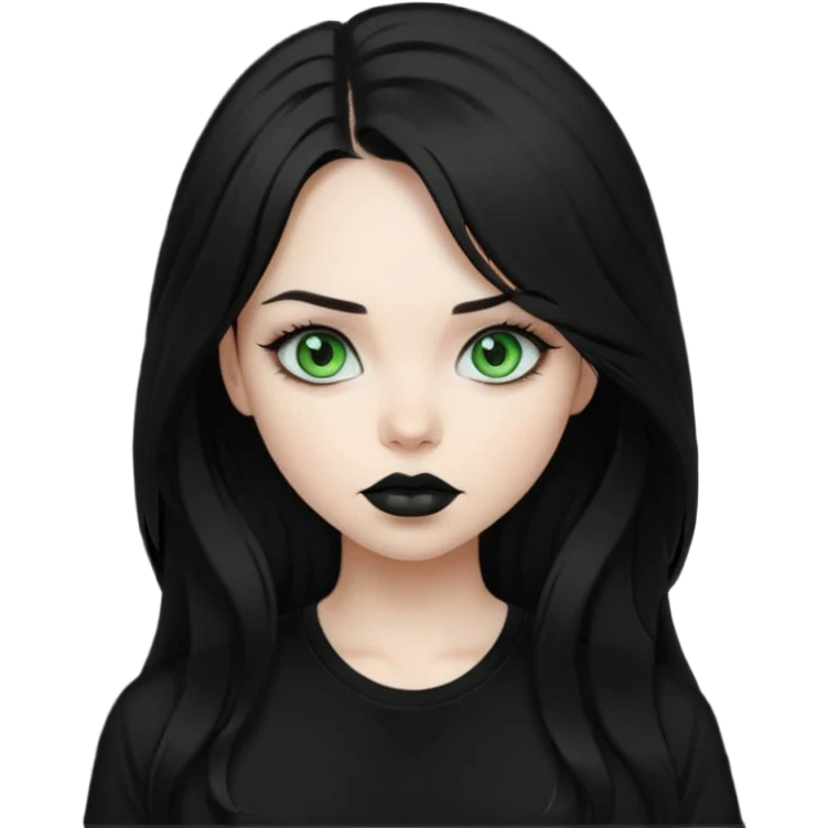 Black haired girl, green eyes, black lipstick, white skin, black t shirt, sharp face, long hair emoji