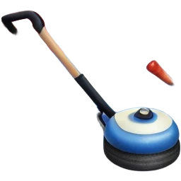 please, make An icon featuring the curling rink, with its distinctive circles and a vibrant crowd in the stands. Snowflakes fall outside the arena, and bright lights illuminate the ice. a close-up curling stone sliding across the ice, with a broom nearby. Transparent background. emoji