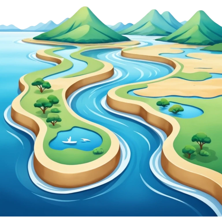 A 3D cartoon estuary where a river flows into the ocean, visible water color blend, soft natural lighting, Memoji-style. emoji