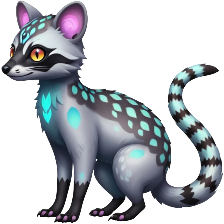 Rare iridescent white exotic epic aesthetic colorful Trico-Genet-Civet-species-Fakemon-hybrid-creature, with intricate tattoo markings, full body emoji