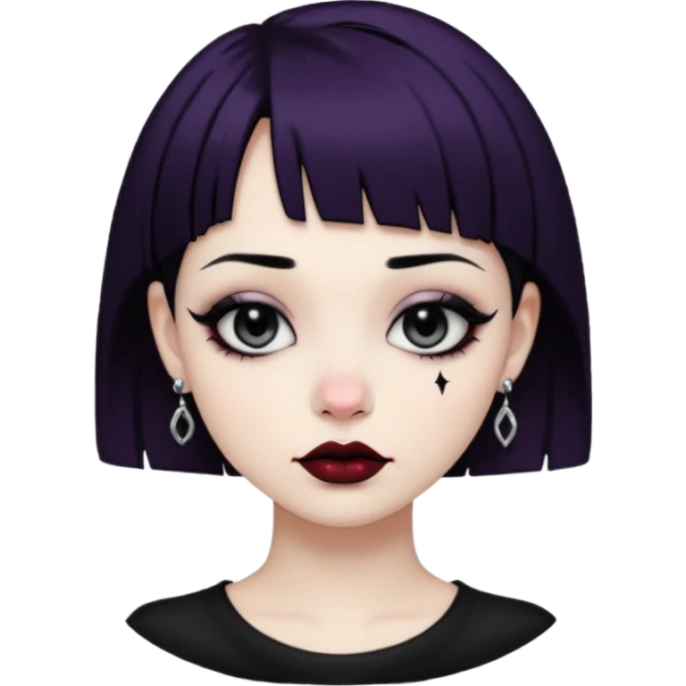 A girl with black and short hair, Gothic style lip and nose piercings and earrings emoji