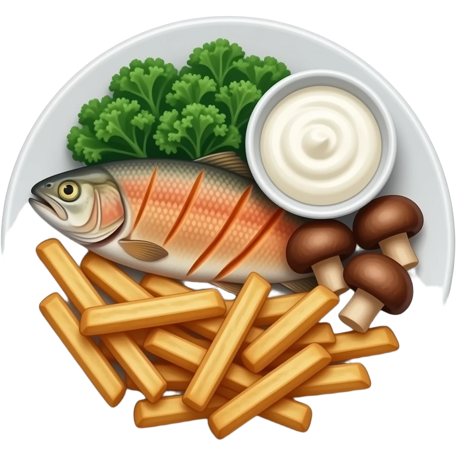 Realistic plate of sweet potato fries, kale, trout, mushrooms and sour cream emoji