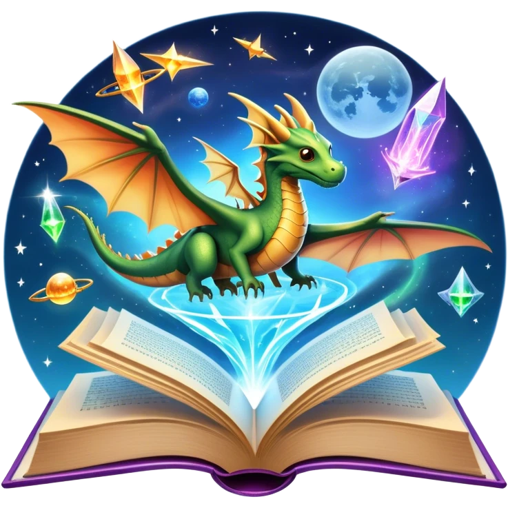 Icon for Fantasy and Sci-Fi Reading: an open book with magical creatures like dragons and fairies flying out, with a futuristic spaceship in the sky and a wizard casting spells. The icon should represent the magic and adventure of fantasy and science fiction worlds. Transparent background. emoji