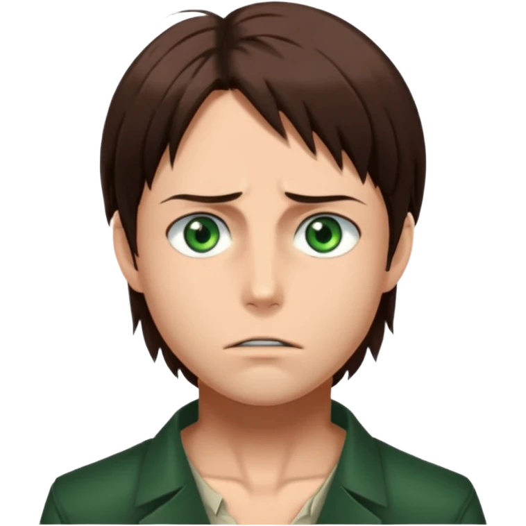 “Create an avatar that looks like Eren Yeager from Attack on Titan, Season 4 — sharp jawline, tied-back long brown hair, intense green eyes. Normal expression.  emoji