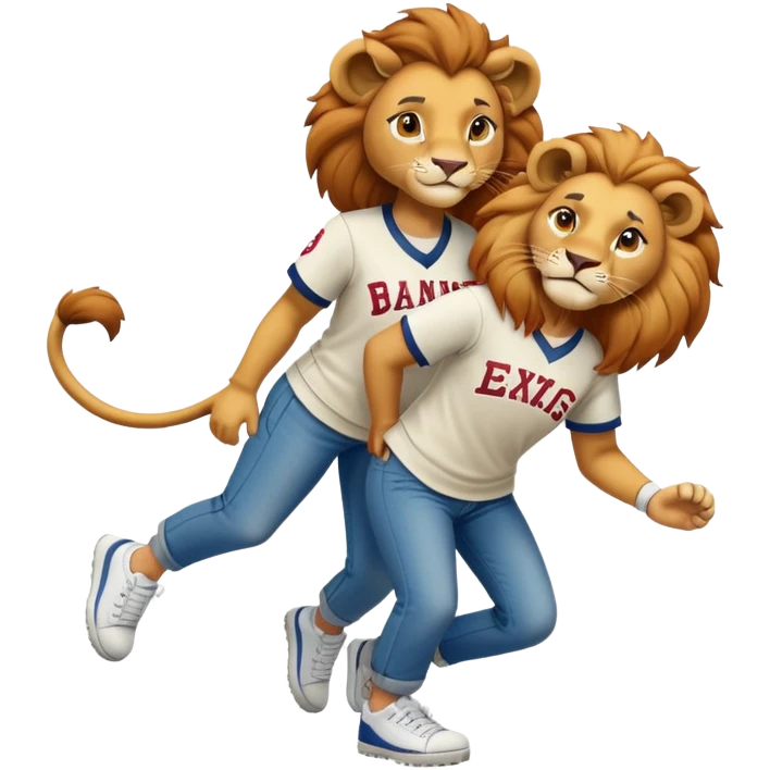 confident anthropomorphised female lion wearing a baseball shirt, jeans, and trainers, helping someone up after a fall, showing kindness emoji
