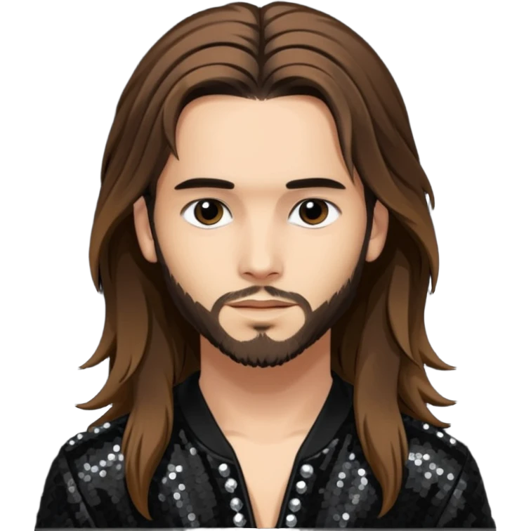 Tom Kaulitz with long brown hair, black sequin outfit  emoji