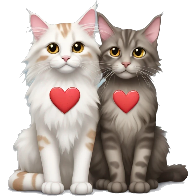 A Maine coon and a hairless cat of different colours kissing with one love heart in front   emoji