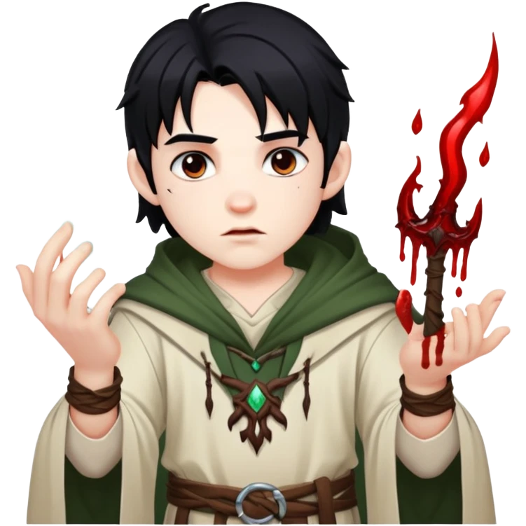 Blood, boy with black hair and druid clothes, casting blood magic emoji