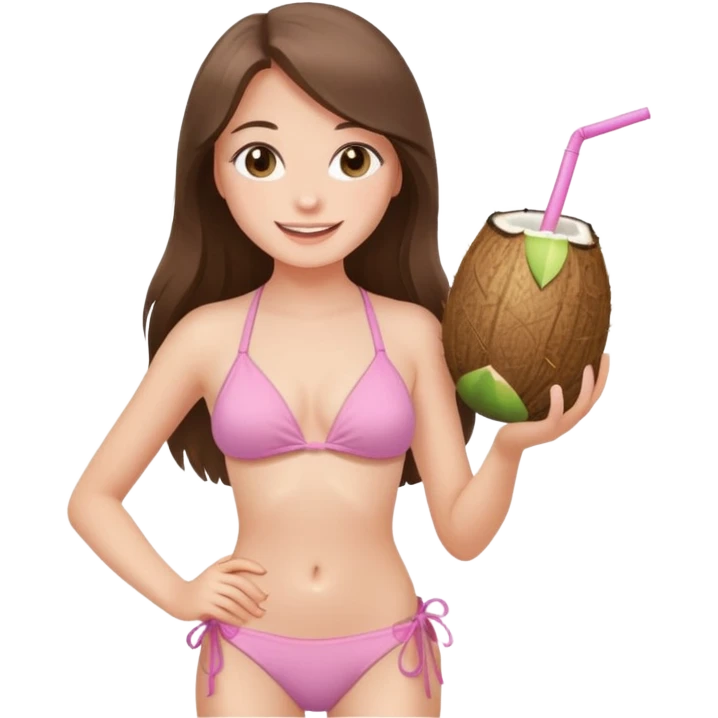 happy pretty white brunette teen long hair with hazel eyes and a small waist in light pink bikini holding a coconut drink emoji