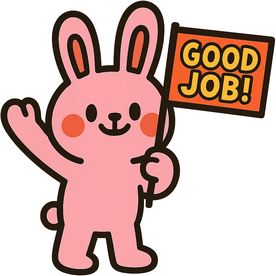 baby pink bunny waving a "Good Job!" flag, vibrant-toon style emoji