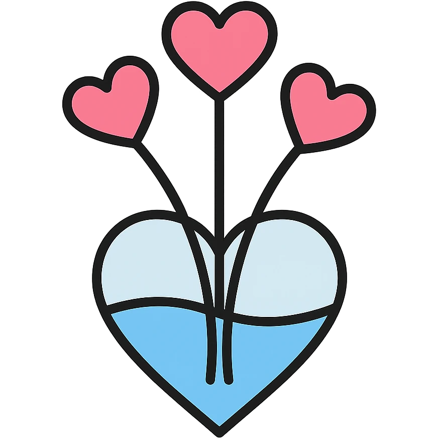 clear heart-shaped vase with pink heart-shaped flowers, minimalistic and elegant, transparent background emoji
