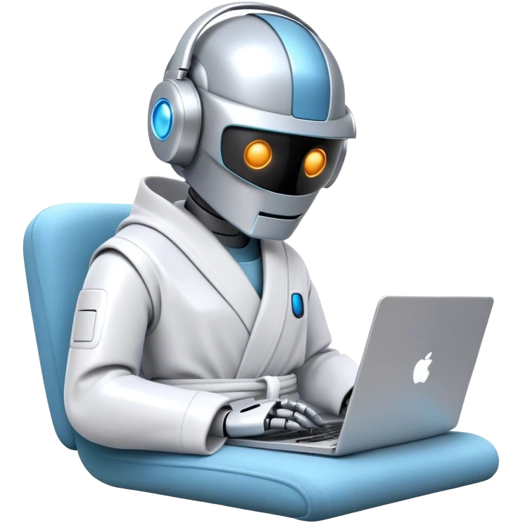 Emoji of a remote-working robot in a cozy smooth bathrobe with a laptop. The robot has a sleek helmet-like head with glowing digital eyes. Relaxed yet high-tech vibe. emoji