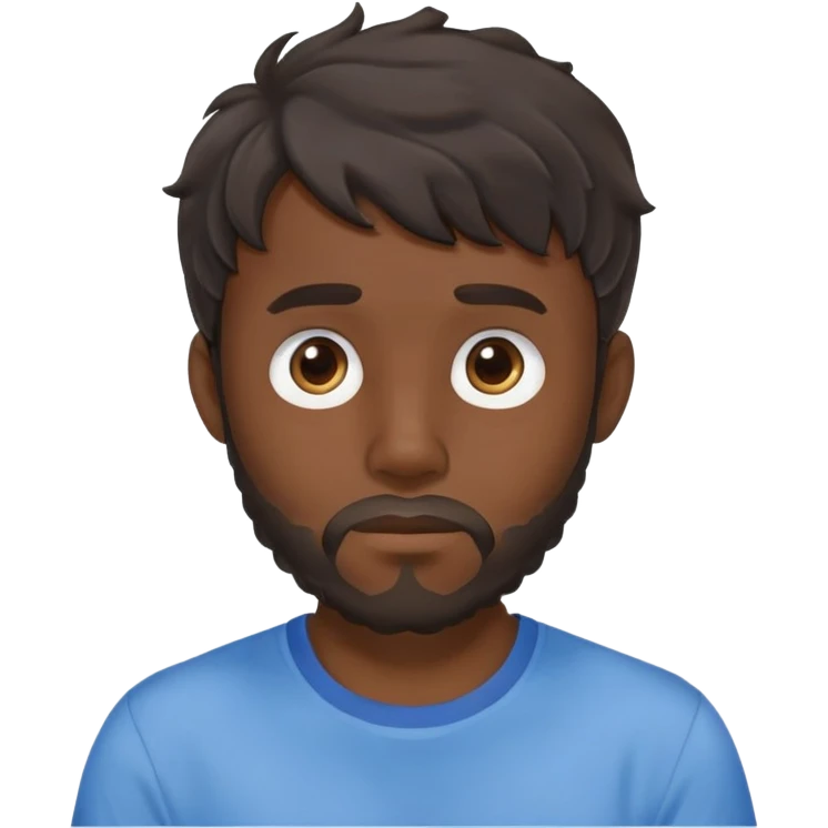 Man with longer dark brown wavy hair past ears with wavy bangs, short beard covering whole face, neutral expression, basic blue t-shirt emoji