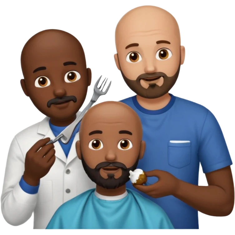 A bald man with a dark brown beard cutting someone’s hair at a barber shop and the other guy is eating a poop ball and the poop ball has eyes emoji