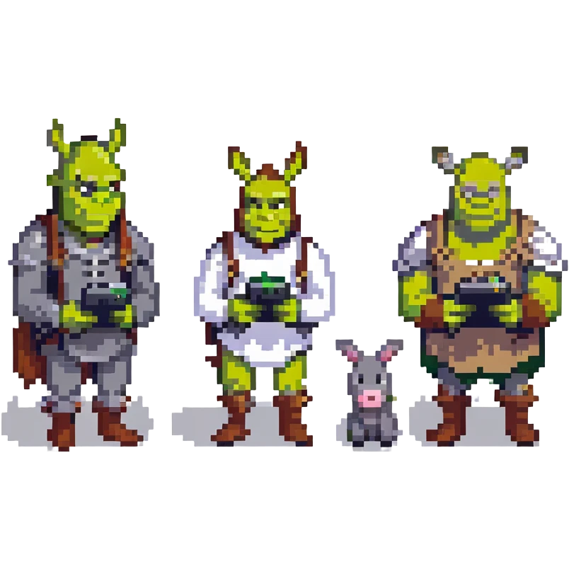 Shrek and Donkey texting on their phones in pixel art style emoji