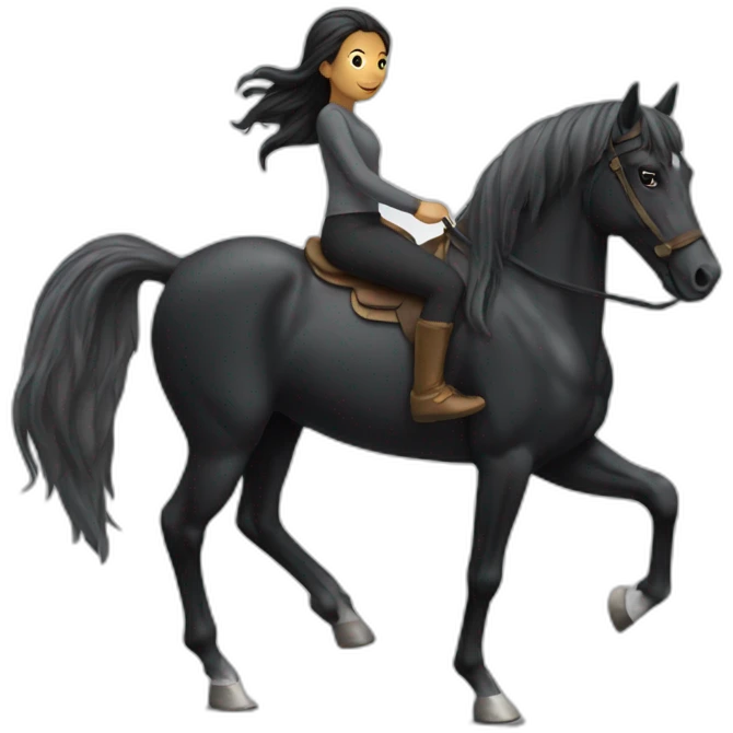 A girl ride of a black horse with a grey foot emoji