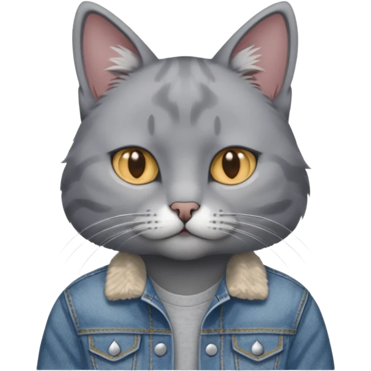 Gray cat with calm eyes, half body, jean jacket emoji