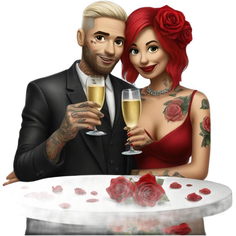 Hyper Realistic tattooed couple drinking champagne with red roses  emoji