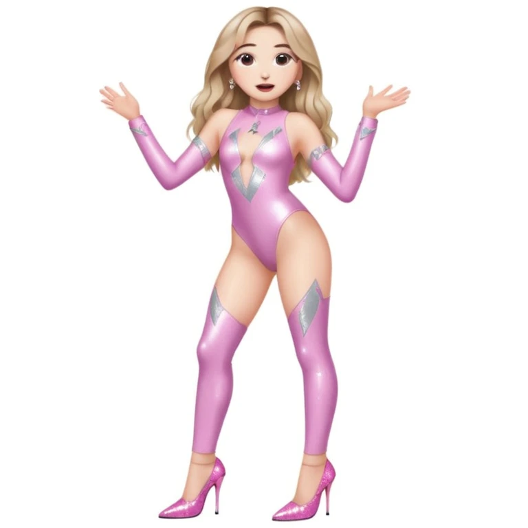 Sabrina carpenter singing at a concert wearing a silver bodysuit with kiss marks all over it  pink sparkle heels.  stage setting is very lit up with white stairs and confetti  emoji