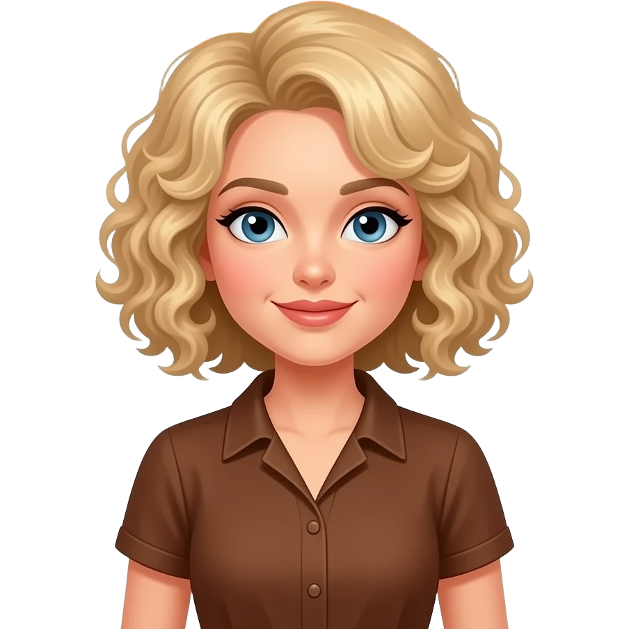 blonde tight curly hair in a short bob Happy Thanksgiving banner and acorns and brown and red leaves around in a short sleeve brown blouse emoji
